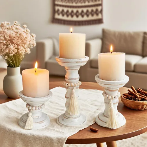 Vista 8 de Portavelas de madera para pilar, juego de 3 portavelas rústico, soporte alto para decoración de granja, chimenea, centros de mesa