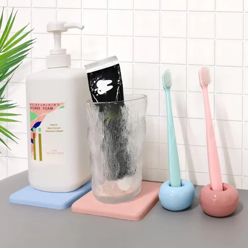 Vista 2 de SNAIL GARDEN Mini soportes de cerámica para cepillos de dientes con bandeja, 2 soportes pequeños para cepillos de dientes con 2 bandejas