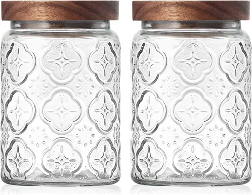 Vista 10 de Tarros de vidrio vintage con tapas de madera, recipiente hermético de almacenamiento de 34 onzas para cocina, despensa, baño, recipientes