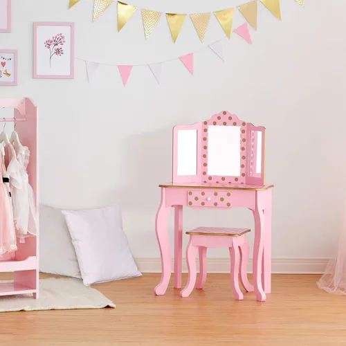Vista 5 de Fantasy Fields Teamson Kids - Juego de tocador para niños con espejo LED, tocador de maquillaje con cajón de moda con estampado de lunares, juego