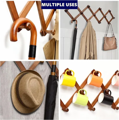 Vista 5 de Amber Home Perchero de Pared de Acordeón de Madera con 13 Ganchos (Clavijas), Colgador de Pared Expandible para Abrigo, Sombrero, Bufanda, Tazas