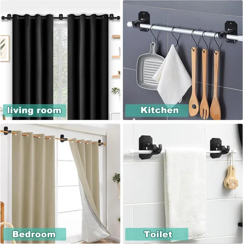 Vista 4 de Codoule 2 piezas de soportes de barra de cortina sin taladro en negro, soportes para tratamiento de ventanas, plástico y acero inoxidable, montaje