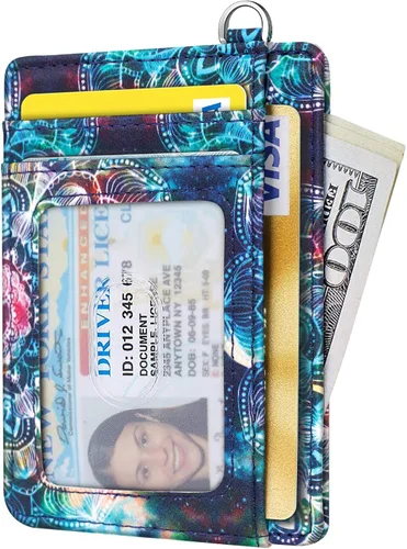 Vista 2 de Cartera delgada con bolsillo frontal RFID para tarjetas de identificación, bonita cartera pequeña con llavero para mujer