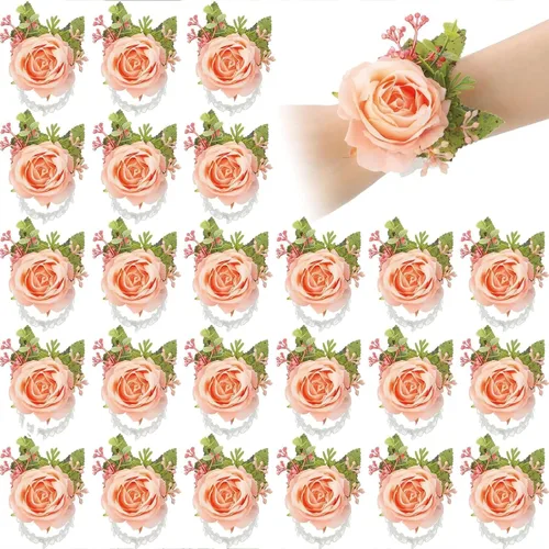Vista 10 de Sherr 24 pulseras de ramillete de rosas de boda para novia, dama de honor, mujeres, pulseras de flores, decoración de bodas, flores artificiales