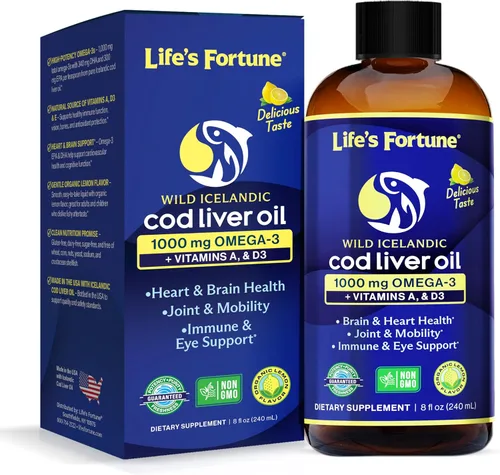 Life's Fortune Aceite de hígado de bacalao líquido orgánico sabor a limón (8 onzas) 1000 mg de Omega + vitamina A, E y D3 – Apoya la salud