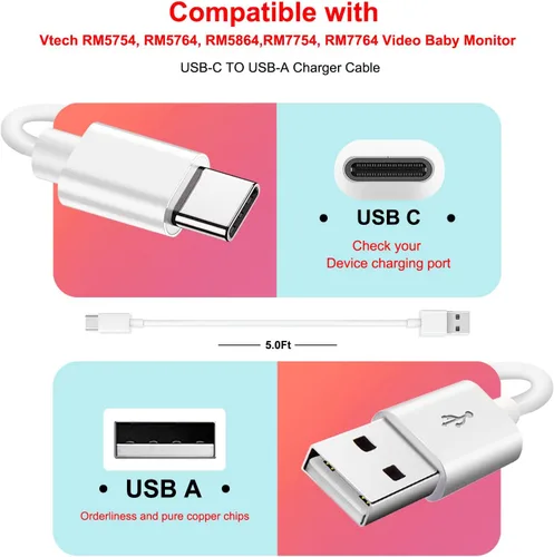 Vista 2 de Cargador adaptador de CA de 5 V y cable de carga USB tipo C de 5 pies compatible con Medela Freestyle Flex Swing Maxi Pump, Vtech RM5754 RM5764