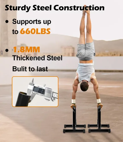 Vista 2 de TABEKE Barra para flexiones, paraletas de acero de 14 pulgadas de alto y barra para fondos con mango de espuma de cobertura completa, barras
