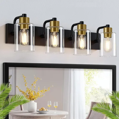 Vista 12 de Dpyrrhic Luces de Baño Negras Mate de 2 Luces Sobre Espejo con Pantalla de Vidrio Transparente, Luminarias Modernas de Baño para Cocina, Sala