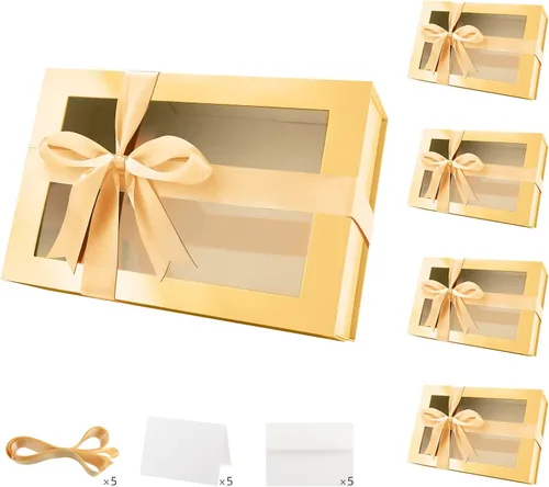 PACKQUEEN 5 cajas grandes de regalo de oro para Navidad con ventanas, 13.5x9x4.1 pulgadas, cajas de regalo transparentes para regalos con cintas,