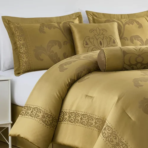 Vista 60 de Chezmoi Collection Juego de edredón floral de jacquard Royale de 7 piezas, matrimonial/doble, negro/dorado