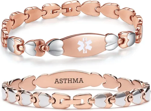 Vista 52 de LinnaLove Pulsera de identificación médica de doble corazón para mujeres 7 1/2 pulgadas de acero inoxidable de moda pulseras de alerta médica