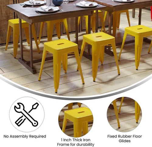 Vista 14 de Flash Furniture Taburete de metal para mesa de comedor, taburete de grado comercial Kai rojo sin espalda, silla de comedor apilable de 18 pulgadas