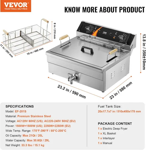 Vista 7 de VEVOR Freidora comercial, freidora eléctrica de pavo de 3000 W con canasta, gran capacidad de 30.6 cuartos de galón / 29 L, freidora de aceite