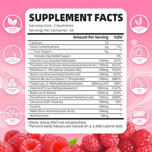 Vista 2 de Gomitas de complejo de vitamina B, todas las vitaminas B + metilo B12, B1, B2, B3, B5, B6, biotina, metilfolato, vitamina C, colina, inositol, PABA