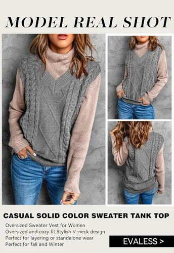Vista 7 de EVALESS - Chaleco de gran tamaño para mujer, cuello en V, sin mangas, color sólido, suéter suelto
