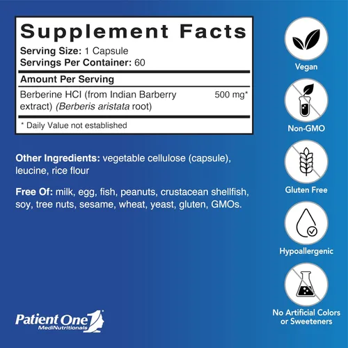 Vista 2 de Patient One Berberina 500 mg Suplemento para apoyar la salud cardíaca y gastrointestinal* 60 cápsulas