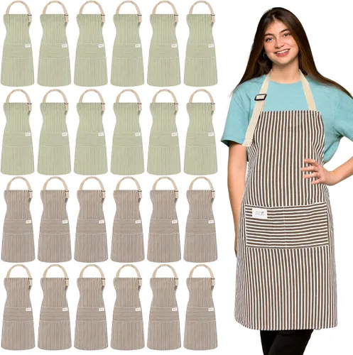Vista 13 de Janmercy 24 delantales para mujeres y hombres con 2 bolsillos, delantal de cocina de lino, delantal ajustable para chef, delantales a granel unisex