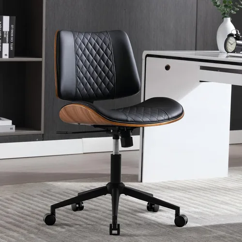 Vista 16 de Silla de oficina en casa, sin brazos con ruedas, silla de escritorio pequeña de altura ajustable, silla de computadora giratoria de piel sintética