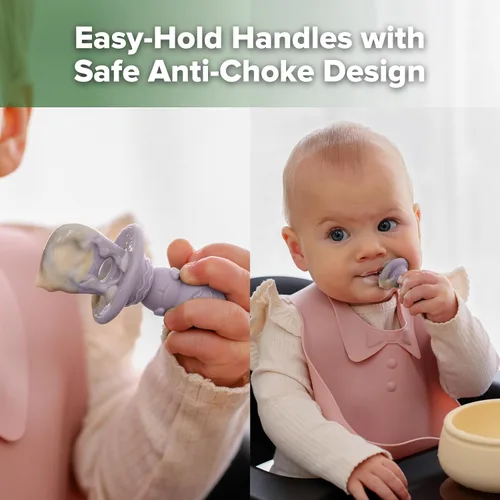 Vista 4 de Haakaa Astronaut - Juego de cubiertos de silicona para principiantes – Cucharas para niños pequeños de más de 6 meses, suministros de destete LED