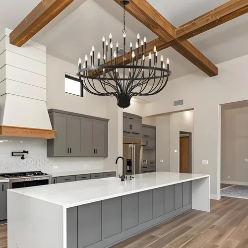 Vista 8 de Lámpara de araña negra de 36 luces de hierro industrial con velas Lámpara de araña moderna suspendida de granja Lámparas colgantes para comedor