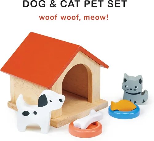 Vista 2 de Mentari Juguetes – Juego de mascotas para perros y gatos – 7 piezas de casa de muñecas de madera accesorios para mascotas con perrera, perro, gato