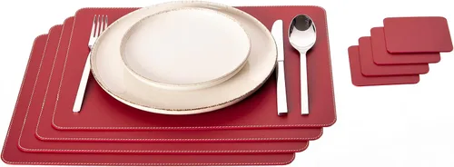 Nikalaz Juego de manteles individuales y posavasos rojos, 4 manteles y 4 posavasos, cuero reciclado, manteles individuales de 18 x 13 pulgadas y
