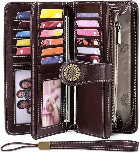 Vista 2 de SENDEFN - Billeteras de cuero genuino para mujer con tarjetero y bloqueo RFID, de gran capacidad y con correa para la muñeca