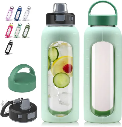 Vista 21 de Kodrine Botella de agua de vidrio de 20 onzas con pajilla - 2 tapas para un fácil transporte, con asa, funda de silicona y marcador de tiempo