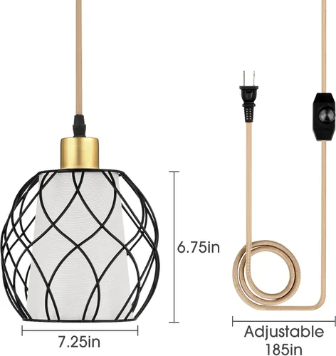 Vista 5 de Cinkeda - Lámpara colgante enchufable, luces colgantes negras estilo granja con pantalla de lino, cable de algodón dorado de 15 pies, lámpara