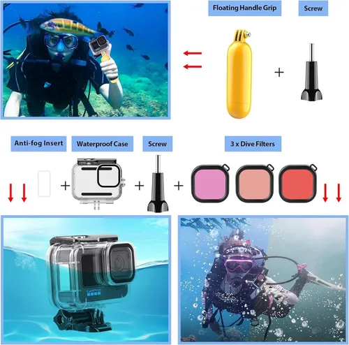 Vista 3 de Kit de accesorios para cámara de acción HONGDAK para GoPro Hero 13 12 11 10 9 Negro, carcasa impermeable+estuche de silicona+brazo ajustable+correa