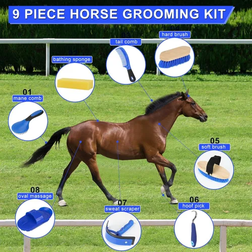 Vista 3 de Kit de aseo de 9 piezas con bolsa de mano, juego de cepillos para caballo, raspador de sudor, esponja, púa de pezuñas, peine de curry para jinetes