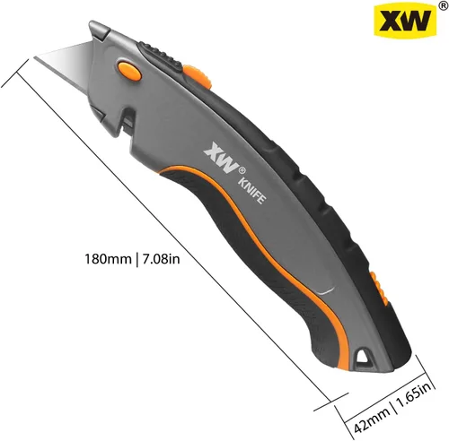 Vista 7 de XW Cuchillo utilitario de seguridad de doble sistema con auto-retráctil y 3 posiciones retráctil, cortador de caja resistente 2 en 1 con un total