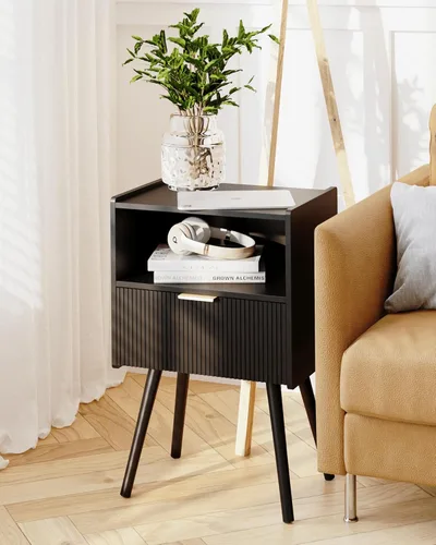 Vista 6 de JOONEE Mesita de noche negra, moderna mesita de noche con cajón de almacenamiento y estante de madera abierta, para sala de estar, dormitorio