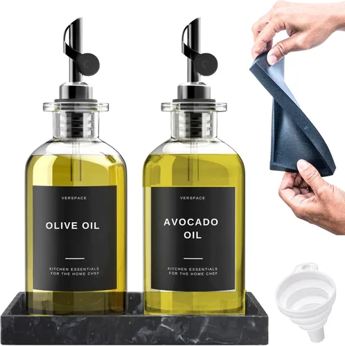 Verspace - Botellas dispensadoras de aceite de oliva de vidrio transparente para cocina con bandeja de silicona y 40 etiquetas, dispensador de salsa