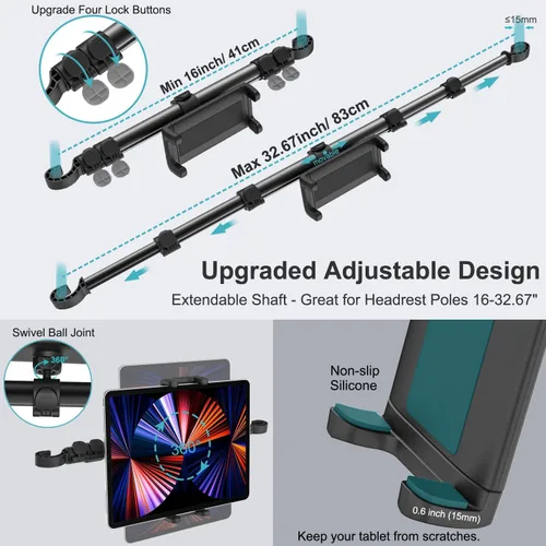 Vista 3 de Soporte para tableta para reposacabezas de automóvil, brazo elástico de 32.67 pulgadas, soporte de tableta entre el asiento para automóvil, soporte