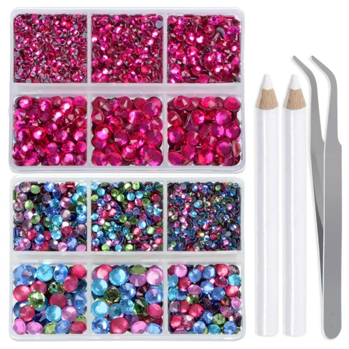 Vista 19 de LPBeads 6400 unidades de diamantes termoadhesivos de 12 colores con parte trasera plana, 5 tamaños mixtos, gemas de cristal redondas con pinzas