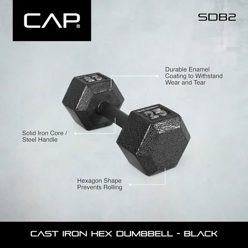 Vista 6 de CAP Barbell Mancuerna hexagonal de hierro fundido negro 5-120 libras Individual o par