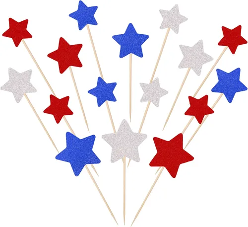30 piezas de decoración para cupcakes del Día de la Independencia con purpurina azul, rojo y plateado centelleante de estrella, para bodas,