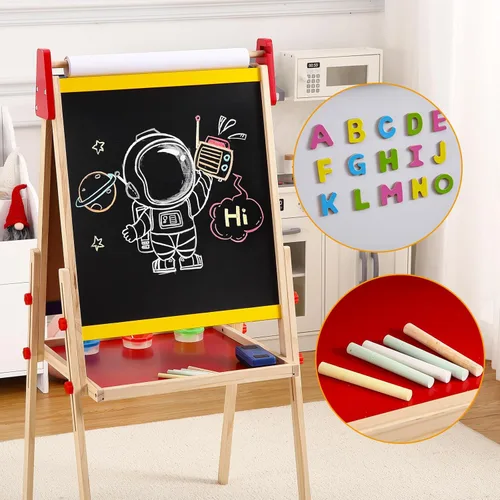 Vista 6 de Caballete de madera para niños con rollo de papel, tablero de dibujo de caballete de madera ajustable de doble cara para niños con pizarra