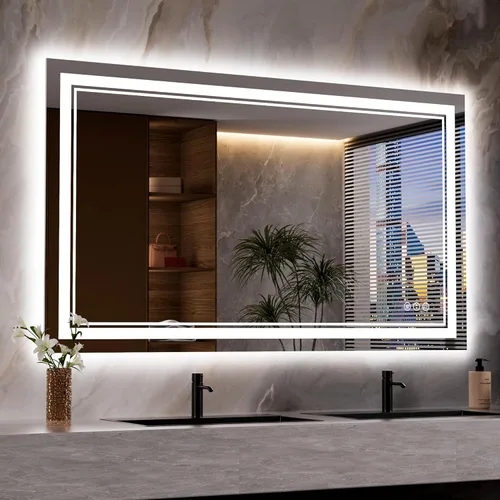 Vista 50 de Espejo de baño LED de 48 x 40 pulgadas con luces, retroiluminado y frontal iluminado para pared, espejo de tocador LED inastillable con memoria