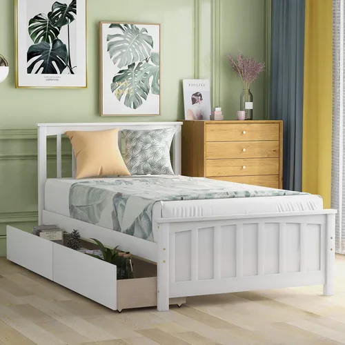 Vista 10 de Harper & Bright Designs Cama de plataforma de tamaño individual con cabecero, marco de cama de madera maciza, listones de madera, soportes Blanco