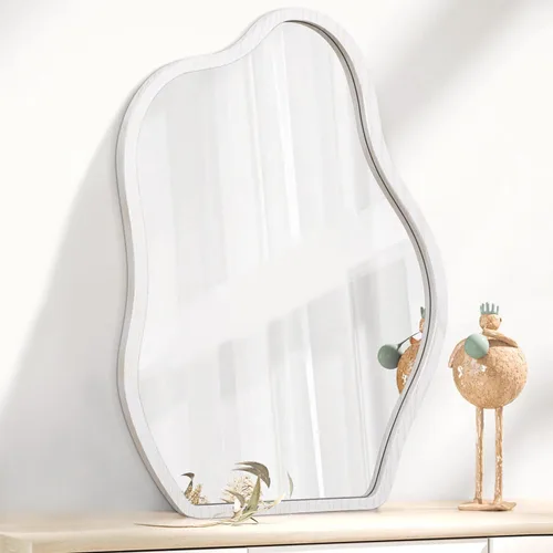 Vista 17 de Espejo de pared asimétrico con marco de madera, espejo colgante moderno irregular para pared para tocador, sala de estar, dormitorio, baño, entrada