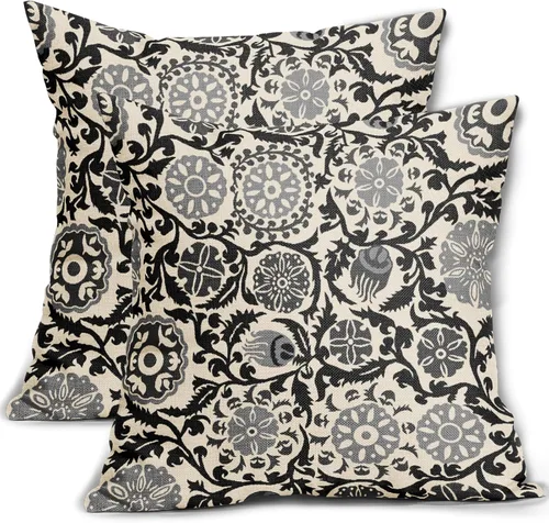 Juego de 2 fundas de almohada color negro y gris de 16 x 16 pulgadas, diseño floral vintage, bohemio, para exteriores, decoración de fundas de cojín