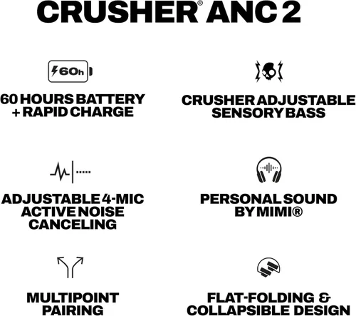 Vista 10 de Skullcandy Crusher ANC 2 Auriculares Inalámbricos Bluetooth Sobre la Oreja con Graves Multisensoriales, Cancelación Activa de Ruido, Hasta 60 Horas
