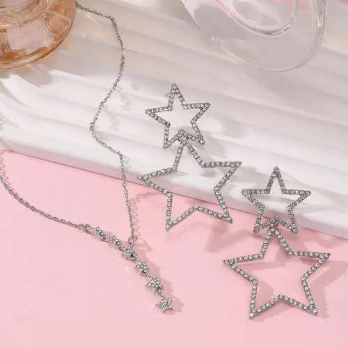 Vista 6 de Juego de collar y aretes de estrella dorada y plata para mujer, 3 piezas de collar de estrella pulida e hipoalergénico de cristal dorado con borlas