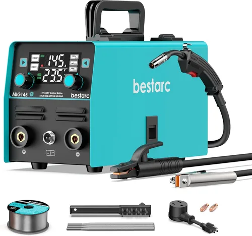 bestarc Soldador MIG de 145A, Soldador MIG sin Gas de Núcleo de Flujo de 110V/220V/TIG de Elevación/Electrodo 3 en 1 Sinérgico MIG145 5GEN Máquina