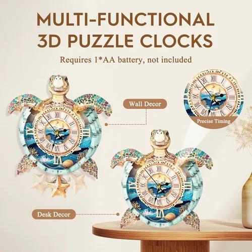 Vista 5 de Rompecabezas 3D para adultos, diseño de tortuga, kit de modelo, reloj mecánico de péndulo con números romanos, decoración de escritorio, hogar