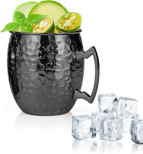 Amrules Tazas Moscow Mule, 16 OZ Taza Mule Negra Martillada con Forro de Acero Inoxidable 304 y Asa de Latón, para Bebidas Frías, Cerveza, Vino,