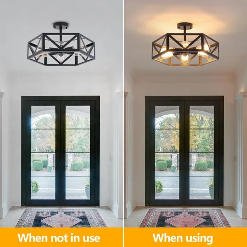 Vista 4 de Lámpara de techo industrial semiempotrada, moderna lámpara de techo negra, lámpara de techo de granja con jaula hexagonal de metal para cocina