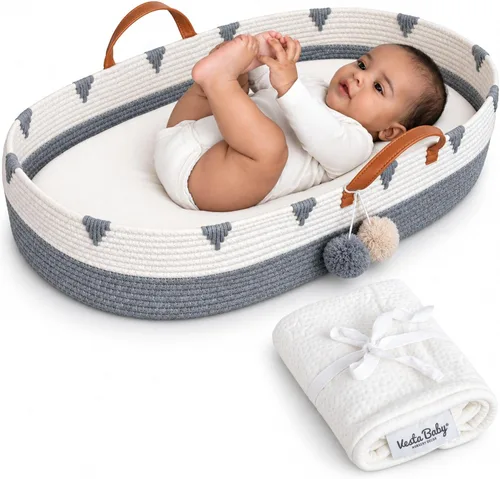 Vesta Baby Cesta cambiadora de moisés de cuerda de algodón tejida, portátil, para cuarto de bebé, con almohadilla de espuma suave y 2 fundas